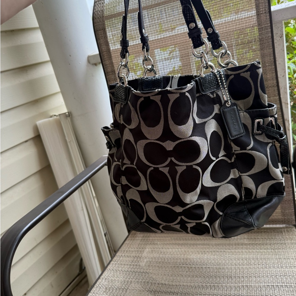 Coach Black and Gray Shoulder Bag with Signature Monogram